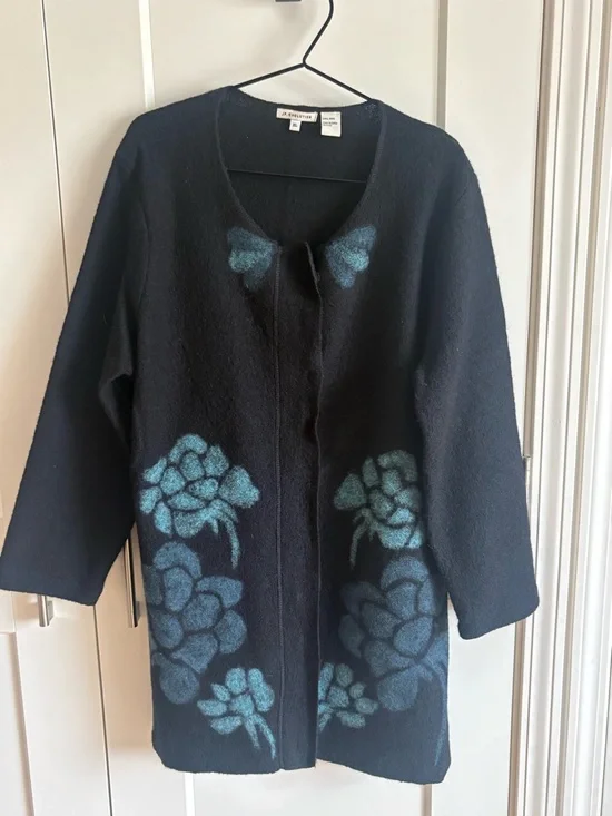 Black Open-Front Wool Cardigan with Teal Floral Accents - Picture 1 of 4